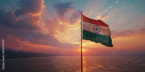 Indian Flag Waving at Sunset Over Coastal Landscape