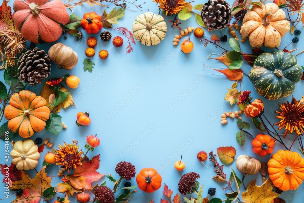 Fototapeta premium Autumn harvest frame with pumpkins and colorful leaves on blue background with copy space. Thanksgiving day concept