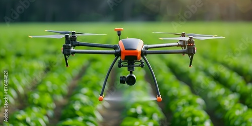 Drone sprays pesticides in field boosts productivity kills harmful insects modern tech. Concept Agricultural Drones, Pesticide Spraying, Crop Productivity, Insect Control, Modern Technology