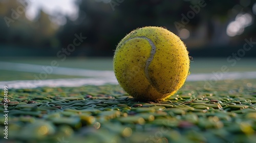 Closeup of a Worn Tennis Ball on a Green Court