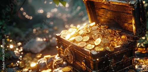Open Wooden Treasure Chest Full of Gold Coins in a Forest Setting
