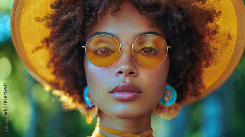 Young Woman Wearing Yellow Hat and Sunglasses Outdoors