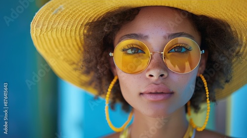 Young Woman Wearing Yellow Hat and Sunglasses Outdoors