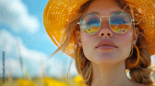 Young Woman Wearing Yellow Hat and Sunglasses Outdoors