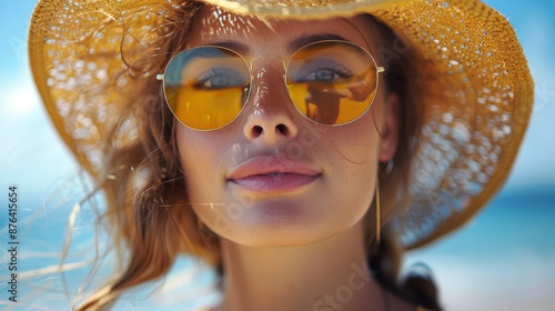 Young Woman Wearing Yellow Hat and Sunglasses Outdoors