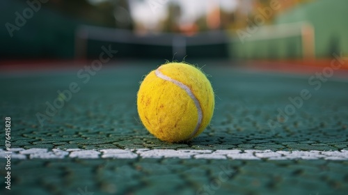 Tennis Ball on Green Court With White Line