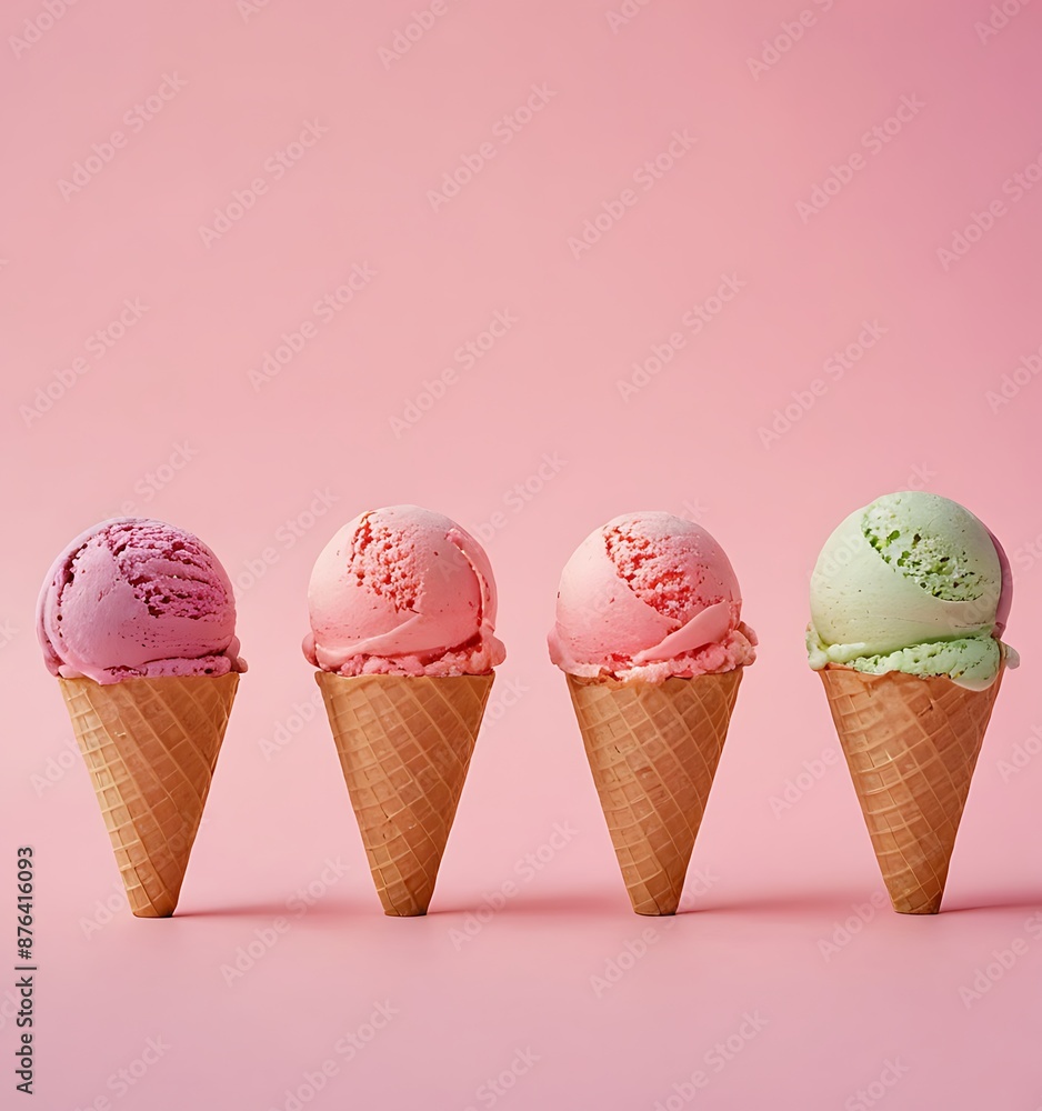 three ice cream cones standing in a row on a solid pink background. The cones appear to be filled with different colored ice cream flavors. three ice cream cones standing in a row on a solid pink background. The cones appear to be filled with different colored ice cream flavors.