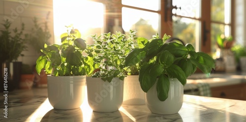 Fresh Herb Plants Growing in White Pots on a Kitchen Countertop