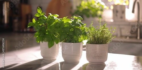 Fresh Herb Plants Growing in White Pots on a Kitchen Countertop