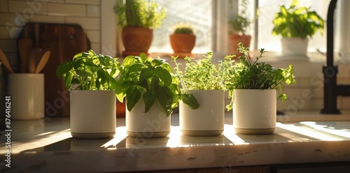 Fresh Herb Plants Growing in White Pots on a Kitchen Countertop
