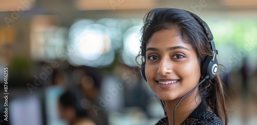 Smiling Customer Service Representative Wearing Headset in Office