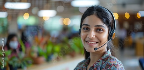 Smiling Customer Service Representative Wearing Headset in Office