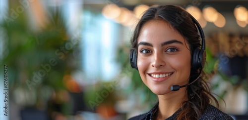 Smiling Customer Service Representative Wearing Headset in Office