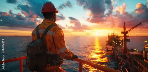 Offshore Worker Contemplating Sunset Over Oil Rig Platform