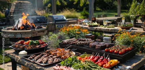 Outdoor Grill With Flame Cooking Meat and Vegetables at Night