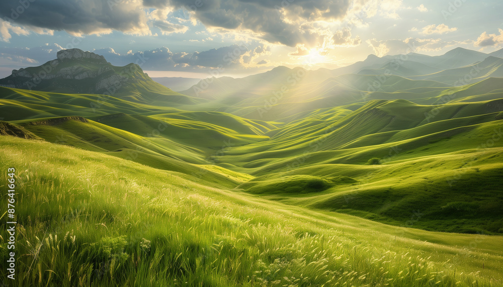 Obraz premium Rolling green hills under a cloudy sky with sun rays breaking through.