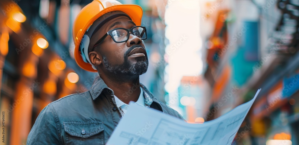 Fototapeta premium Construction Worker Examining Plans Near Building