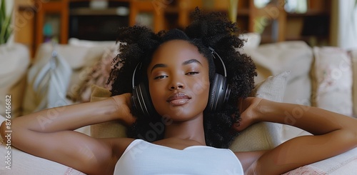 Young Woman Relaxing on Couch With Headphones In Home