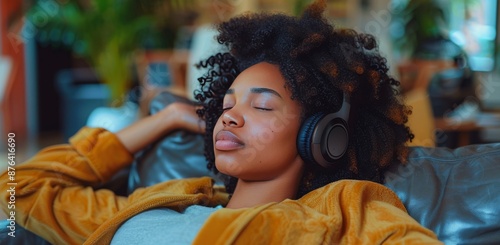 Young Woman Relaxing on Couch With Headphones In Home