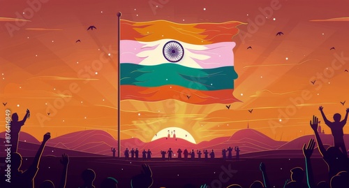 Crowd Celebrates Indian National Flag Waving in Sunset Sky