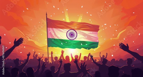 Crowd Celebrates Indian National Flag Waving in Sunset Sky