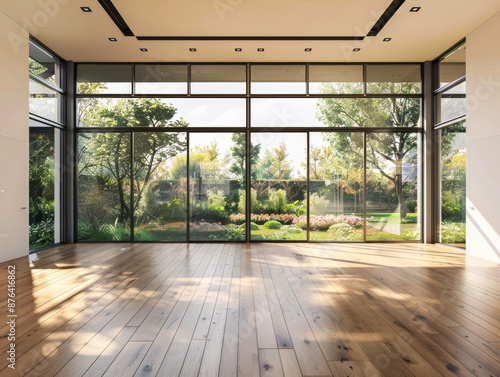 A large open room with a view of a garden. The room is empty and has a lot of natural light coming in through the windows. Scene is peaceful and serene, as the open space