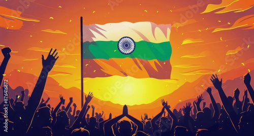 Crowd Celebrates Indian National Flag Waving in Sunset Sky