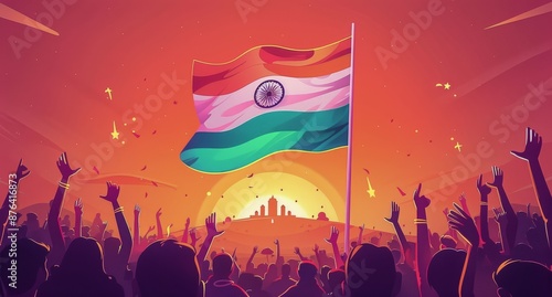 Crowd Celebrates Indian National Flag Waving in Sunset Sky