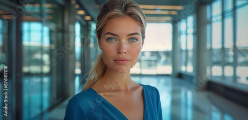 Woman In Blue Dress Posing Under Skylight In Modern Building