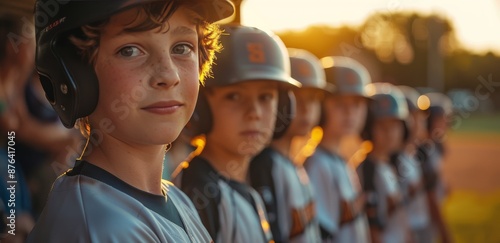 Young Baseball Player Standing In Line At Sunset