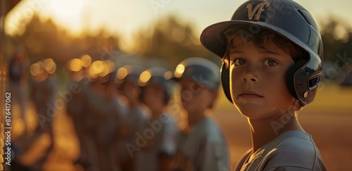 Young Baseball Player Standing In Line At Sunset