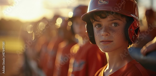 Young Baseball Player Standing In Line At Sunset