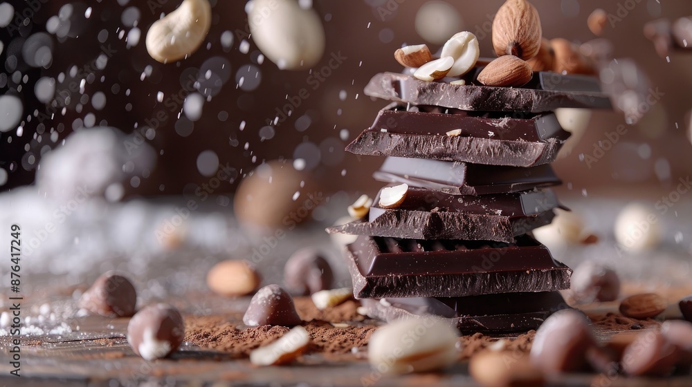 Nuts falling onto a chocolate stack on a table Nuts falling onto a chocolate stack on a table