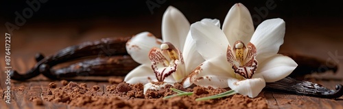 White Lily Flower Resting on Cocoa Powder and Vanilla Beans