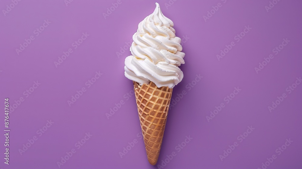 A delicious ice cream cone with meringues against a purple background. A sweet treat for summer, seen from above. A delicious ice cream cone with meringues against a purple background. A sweet treat for summer, seen from above.