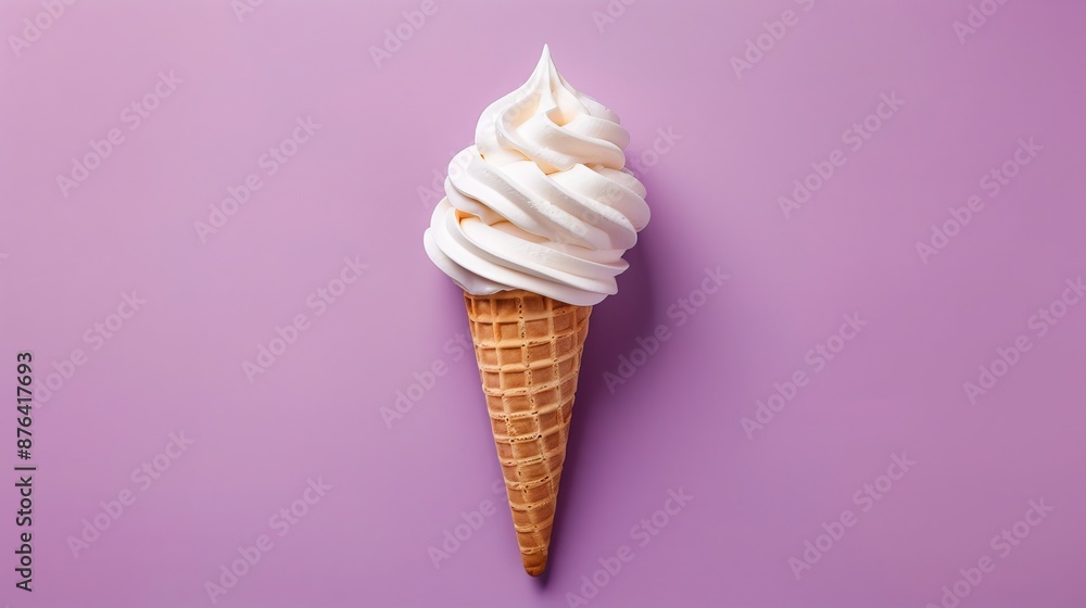 A delicious ice cream cone with meringues against a purple background. A sweet treat for summer, seen from above. A delicious ice cream cone with meringues against a purple background. A sweet treat for summer, seen from above.