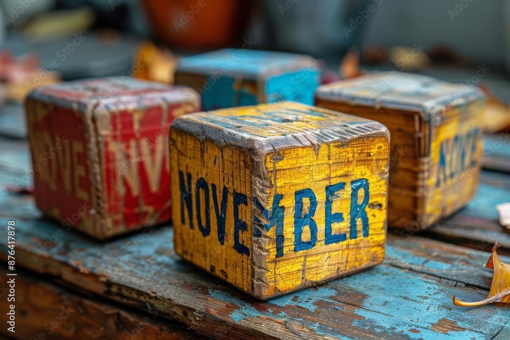 Wooden Blocks Spelling November on a Weathered Wooden Table Wooden Blocks Spelling November on a Weathered Wooden Table