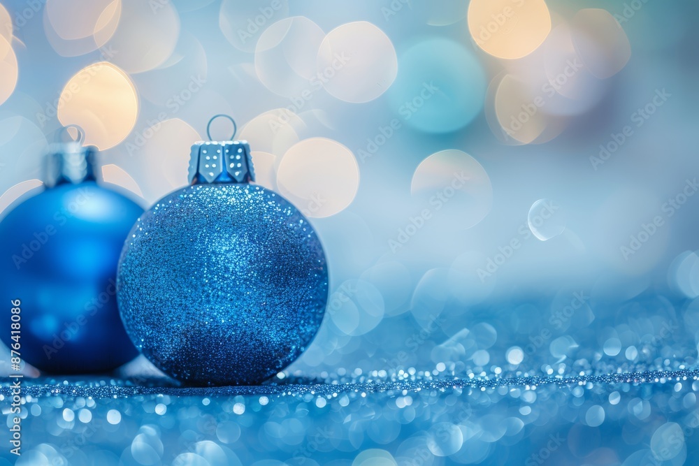 Blue christmas ornaments on festive background with space for text, ideal for holiday greetings Blue christmas ornaments on festive background with space for text, ideal for holiday greetings