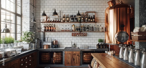 Industrial Chic Bar Interior With Copper Brewing Tank And Wooden Accents