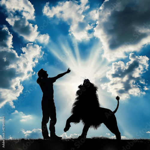 Silhouette of Man and Lion Bonding in Majestic Sunset photo