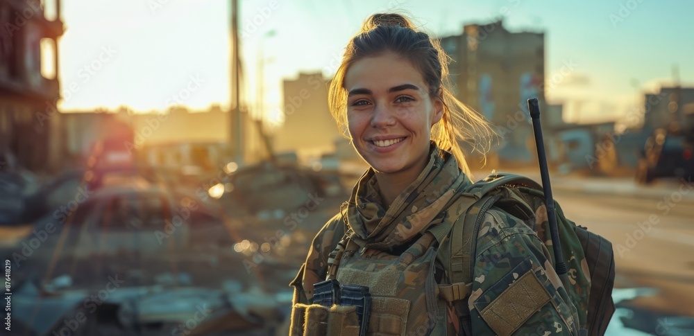 Fototapeta premium Female Soldier Smiling in War-Torn City During Daytime