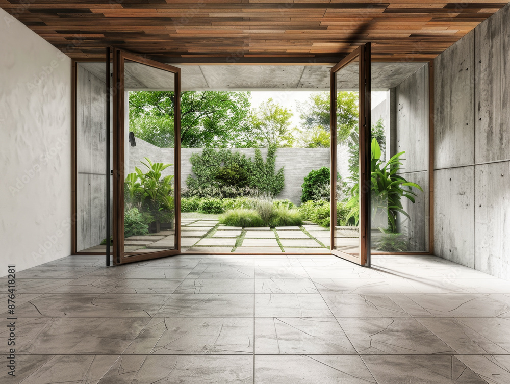 Fototapeta premium A large open space with a view of a garden. The space is empty and has a modern feel