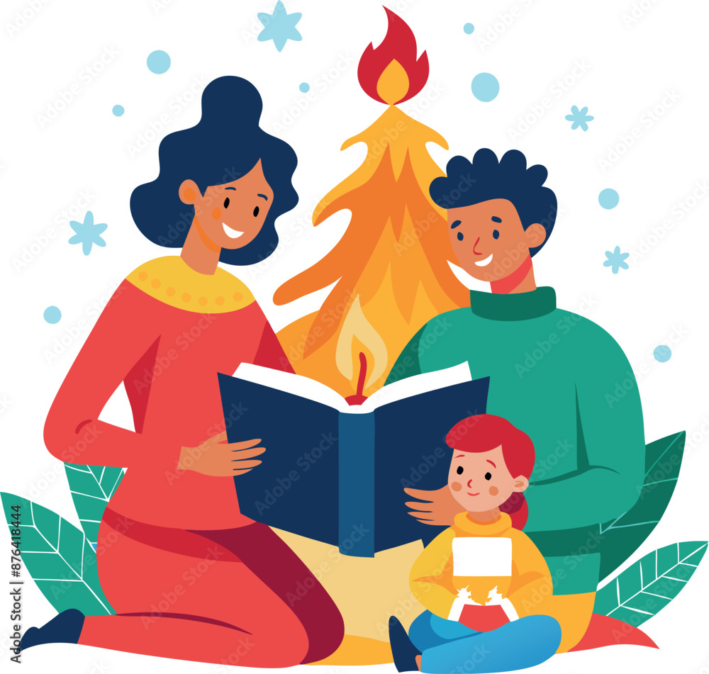 Parents Reading a Christmas Storybook to Their Child by the Fireplace Parents Reading a Christmas Storybook to Their Child by the Fireplace