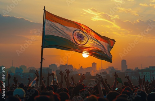 Indian Flag Waving in the Sunset Over City Skyline