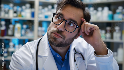 Thoughtful doctor with glasses sitting in a lab, surrounded by medical equipment.