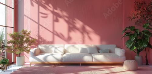 Modern Living Room Interior Design With Pink Wall and Natural Light