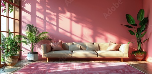 Modern Living Room Interior Design With Pink Wall and Natural Light
