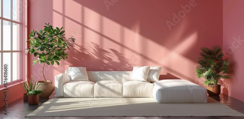 Modern Living Room Interior Design With Pink Wall and Natural Light