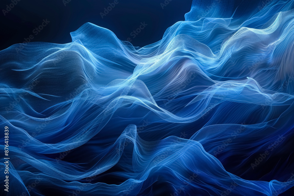 Abstract digital illustration of dynamic waves of different shades of blue on a deep black background Abstract digital illustration of dynamic waves of different shades of blue on a deep black background