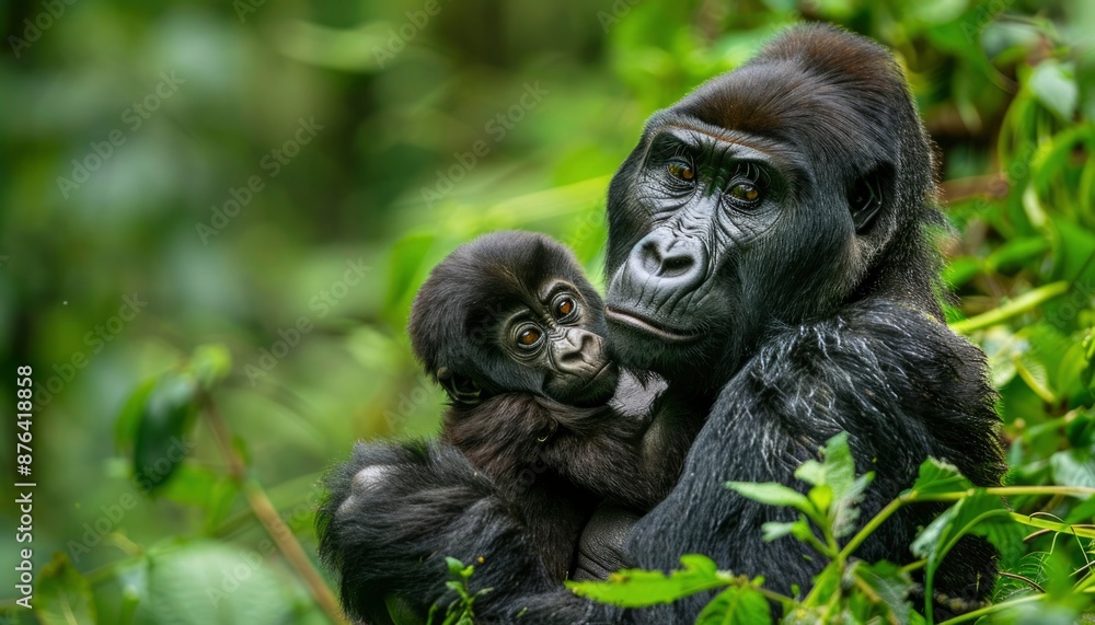 Obraz premium A mother gorilla gazes at her infant in the lush green foliage of the jungle